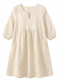 V-Neck Balloon-Skirt Linen Maternity Dress in Linen in Natural — flat lay