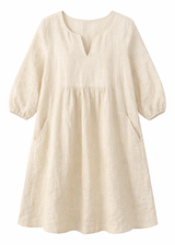 V-Neck Balloon-Skirt Linen Maternity Dress in Linen in Natural — flat lay