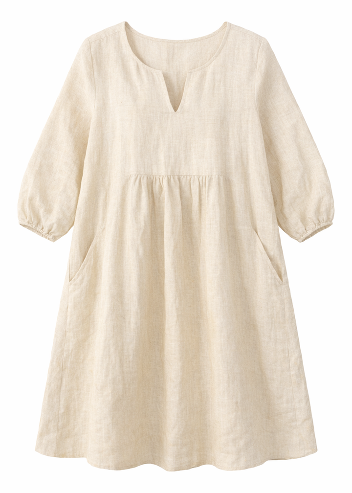 V-Neck Balloon-Skirt Linen Maternity Dress in Linen in Natural — flat lay