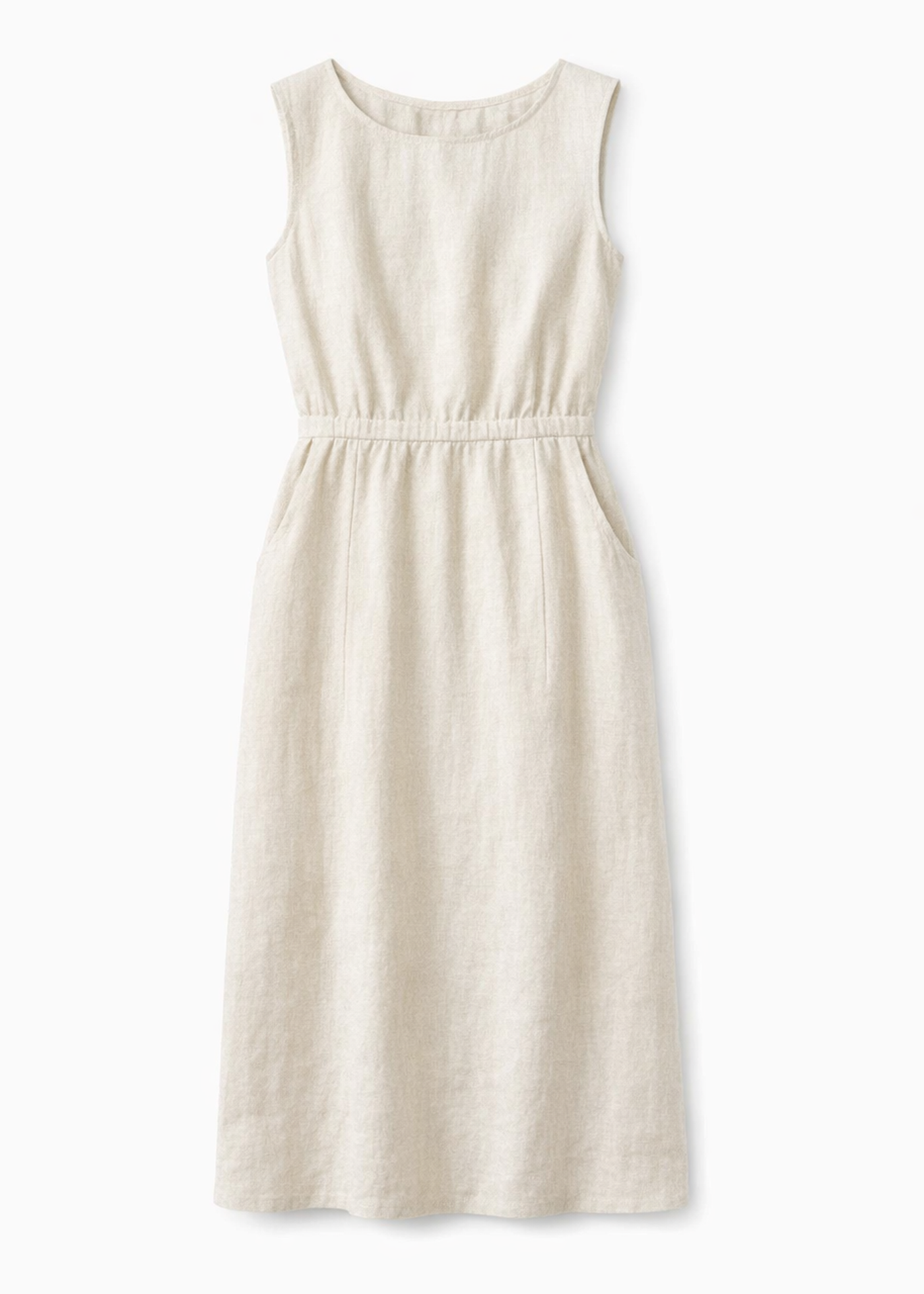 Sleeveless Gathered-Waist Linen Midi Dress in Linen in Natural — flat lay