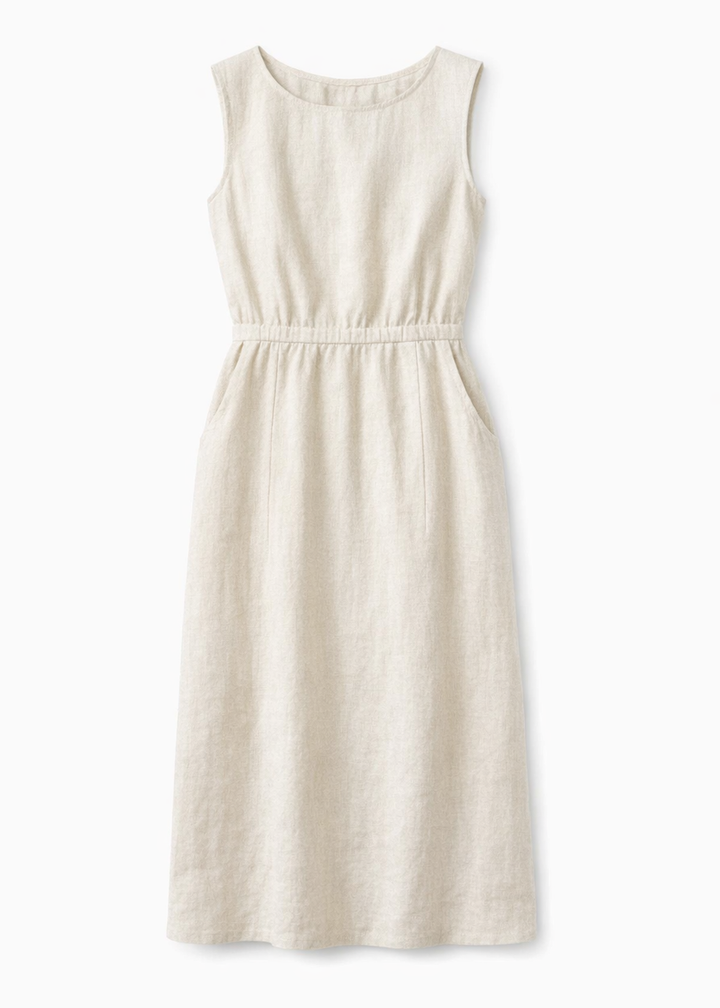 Sleeveless Gathered-Waist Linen Midi Dress in Linen in Natural — flat lay