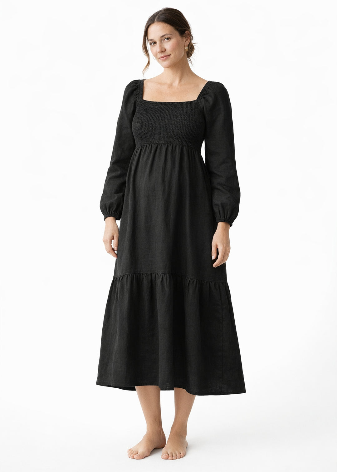 Long-Sleeve Smocked-Bodice Linen Midi Dress in Linen in Black — on model
