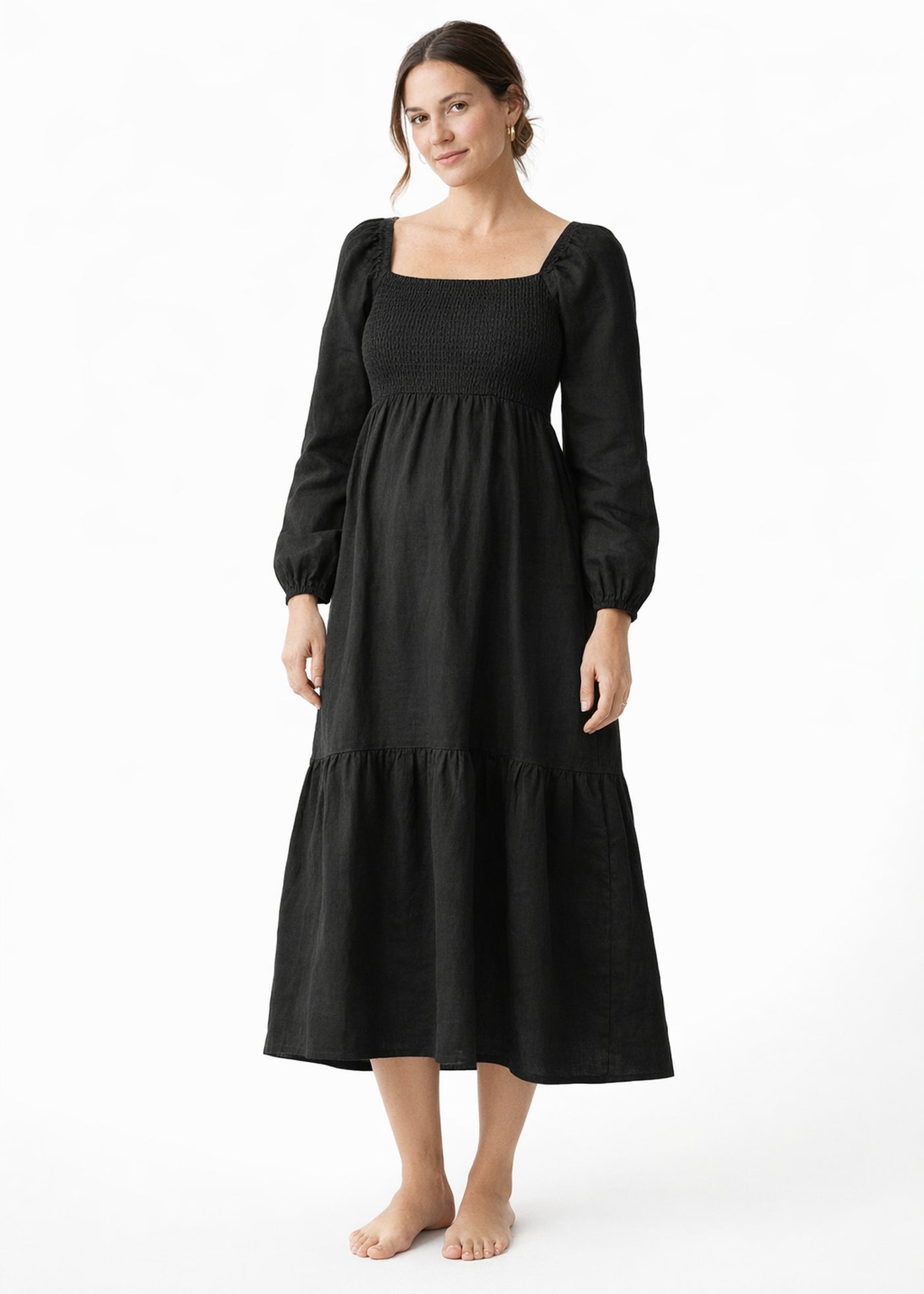 Long-Sleeve Smocked-Bodice Linen Midi Dress in Linen in Black — on model
