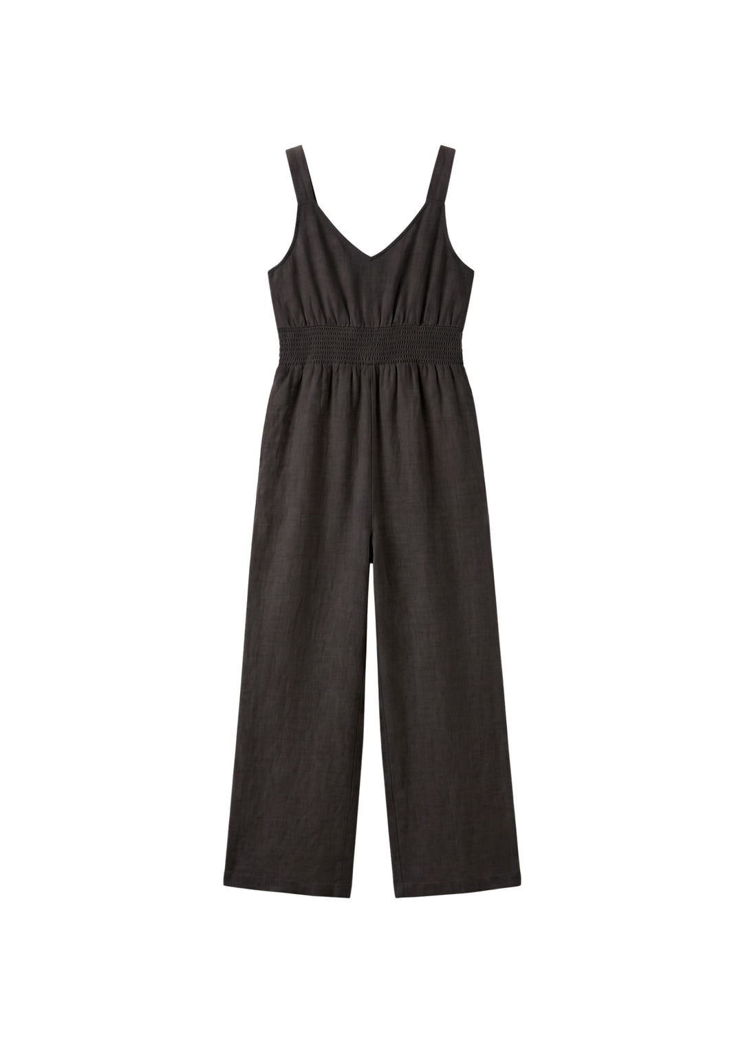 Smocked-Waist V-Neck Linen Jumpsuit in Linen in Black — flat lay