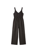 Smocked-Waist V-Neck Linen Jumpsuit in Linen in Black — flat lay