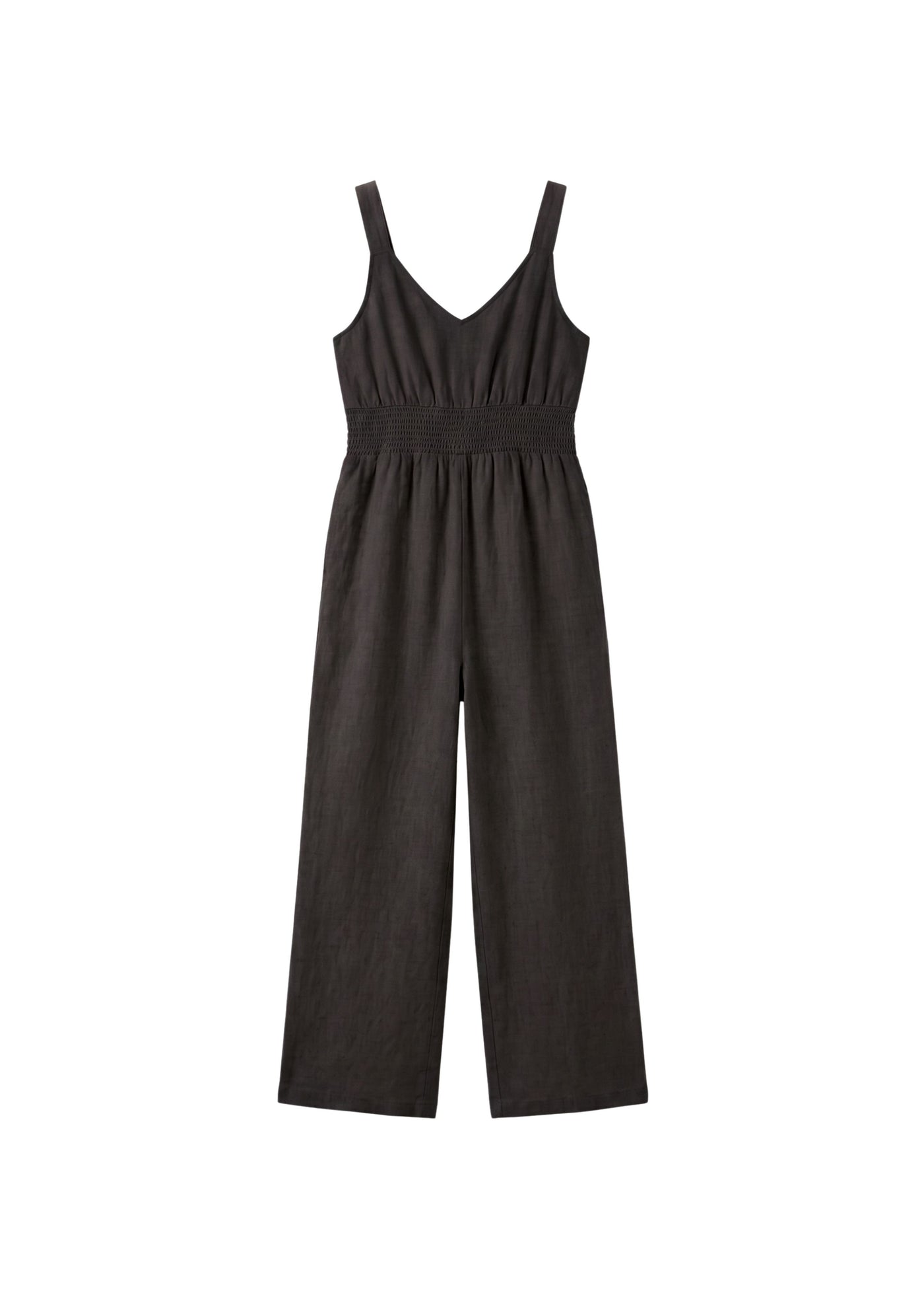 Smocked-Waist V-Neck Linen Jumpsuit in Linen in Black — flat lay