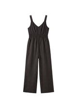 Smocked-Waist V-Neck Linen Jumpsuit in Linen in Black — flat lay