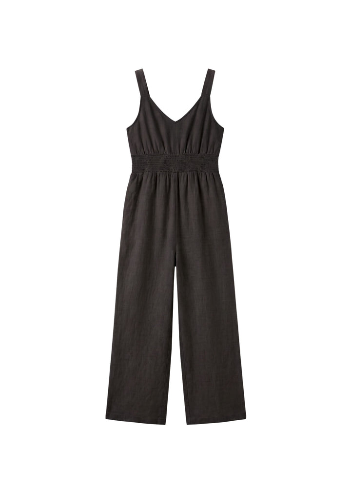 Smocked-Waist V-Neck Linen Jumpsuit in Linen in Black — flat lay