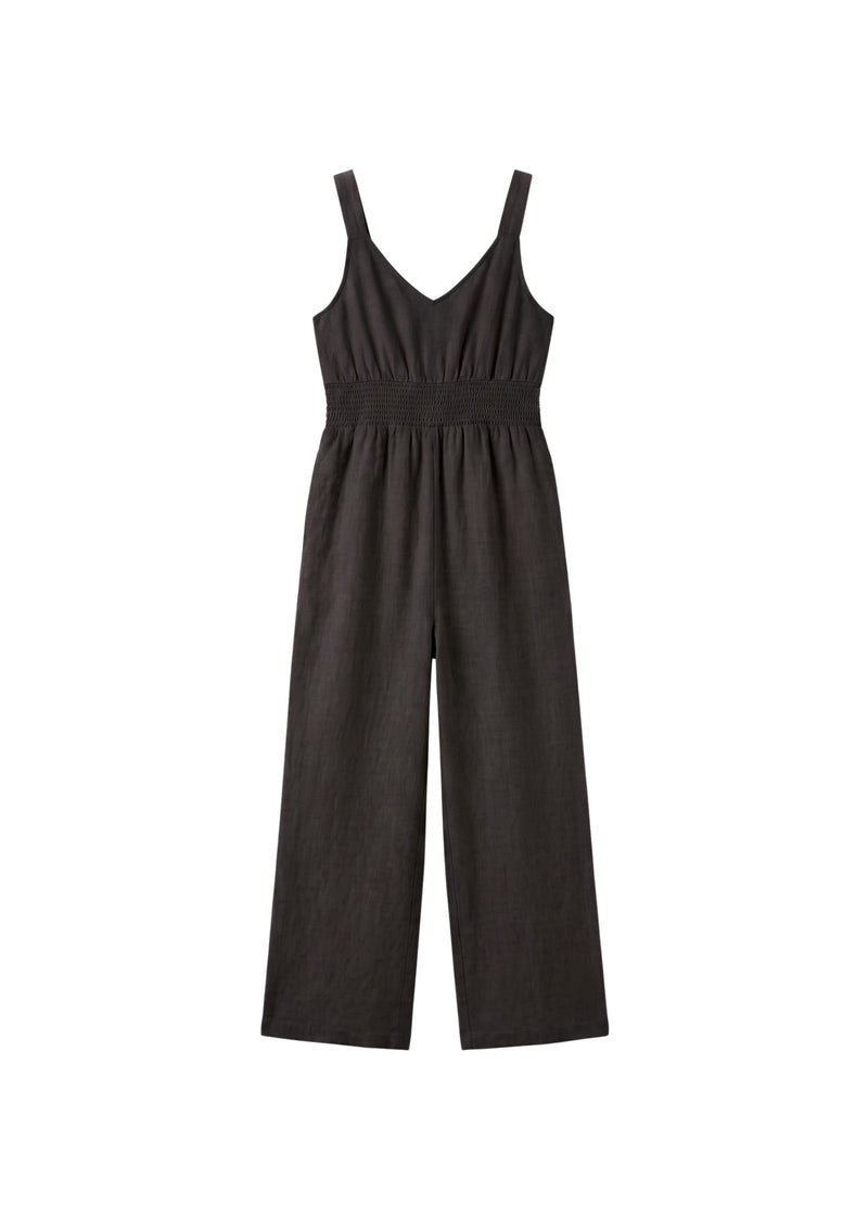 Smocked-Waist V-Neck Linen Jumpsuit in Linen in Black — flat lay