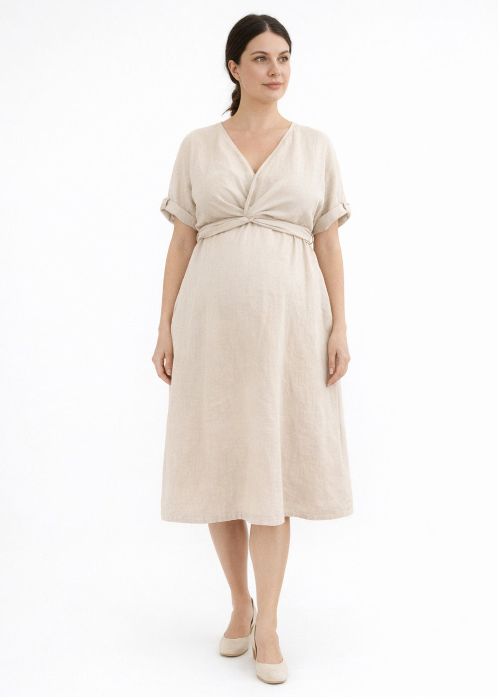 Reversible Twist-Front/Back Linen Dress in Natural — on model