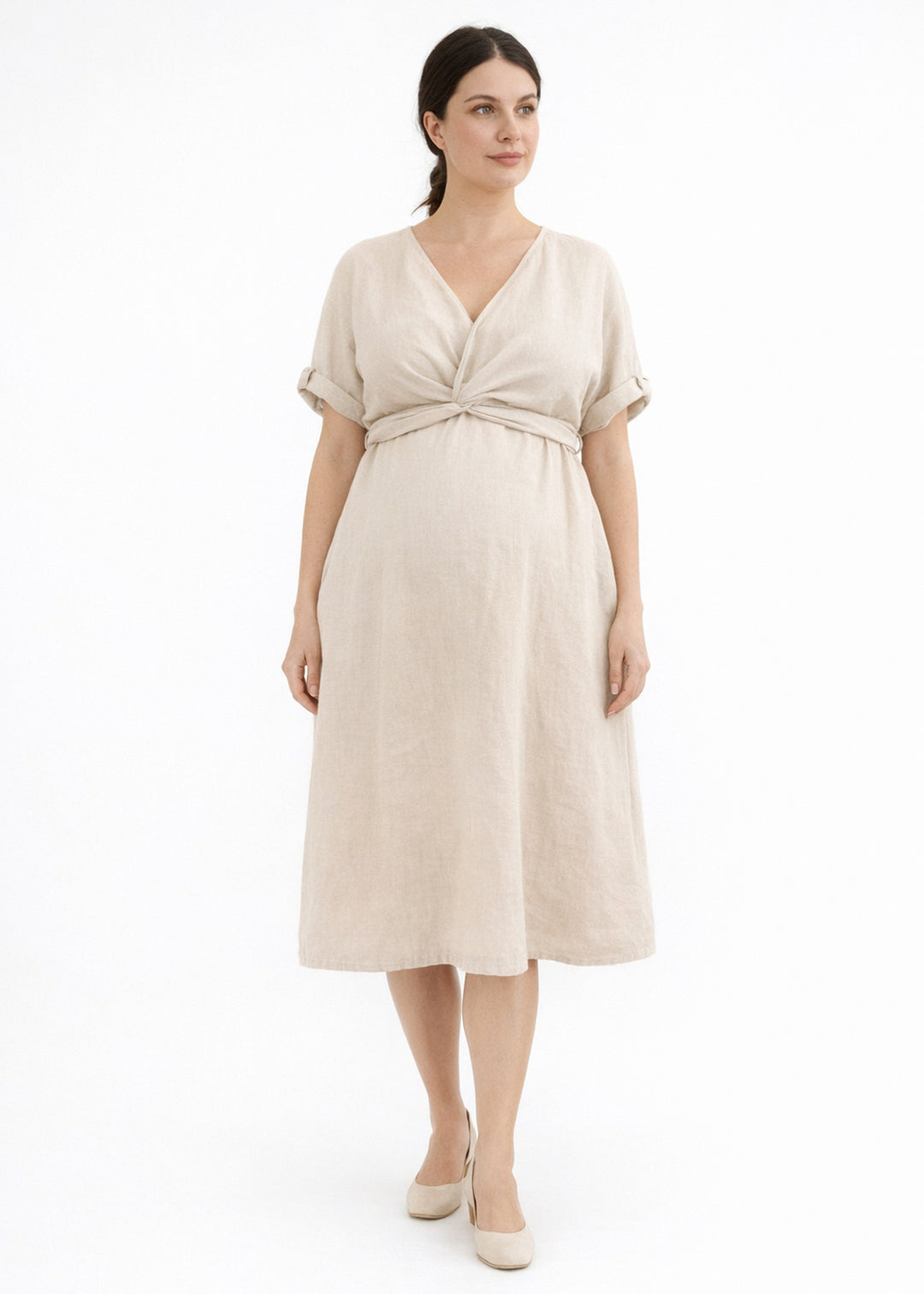 Reversible Twist-Front/Back Linen Dress in Natural — on model