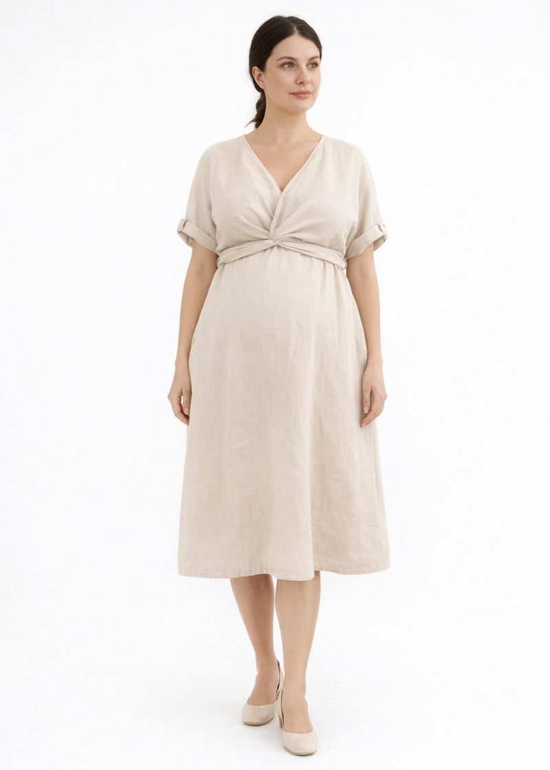 Reversible Twist-Front/Back Linen Dress in Natural — on model