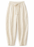 Barrel-Leg Under-Bump Drawstring Linen Pants in Linen in Natural — flat lay