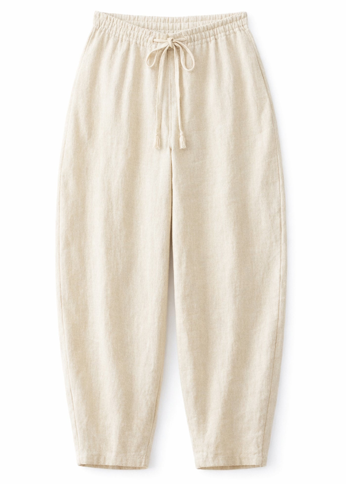 Barrel-Leg Under-Bump Drawstring Linen Pants in Linen in Natural — flat lay