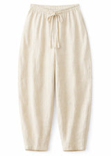 Barrel-Leg Under-Bump Drawstring Linen Pants in Linen in Natural — flat lay