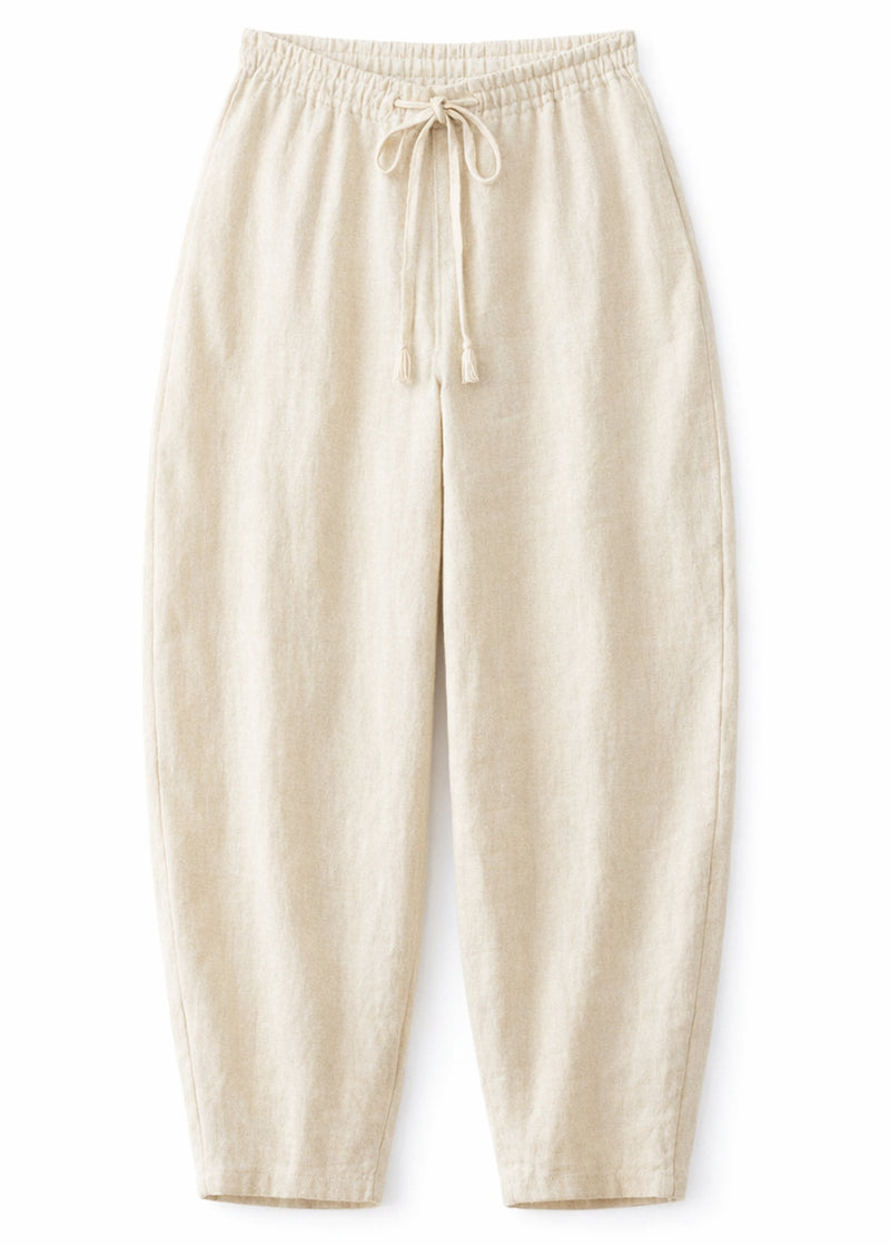 Barrel-Leg Under-Bump Drawstring Linen Pants in Linen in Natural — flat lay