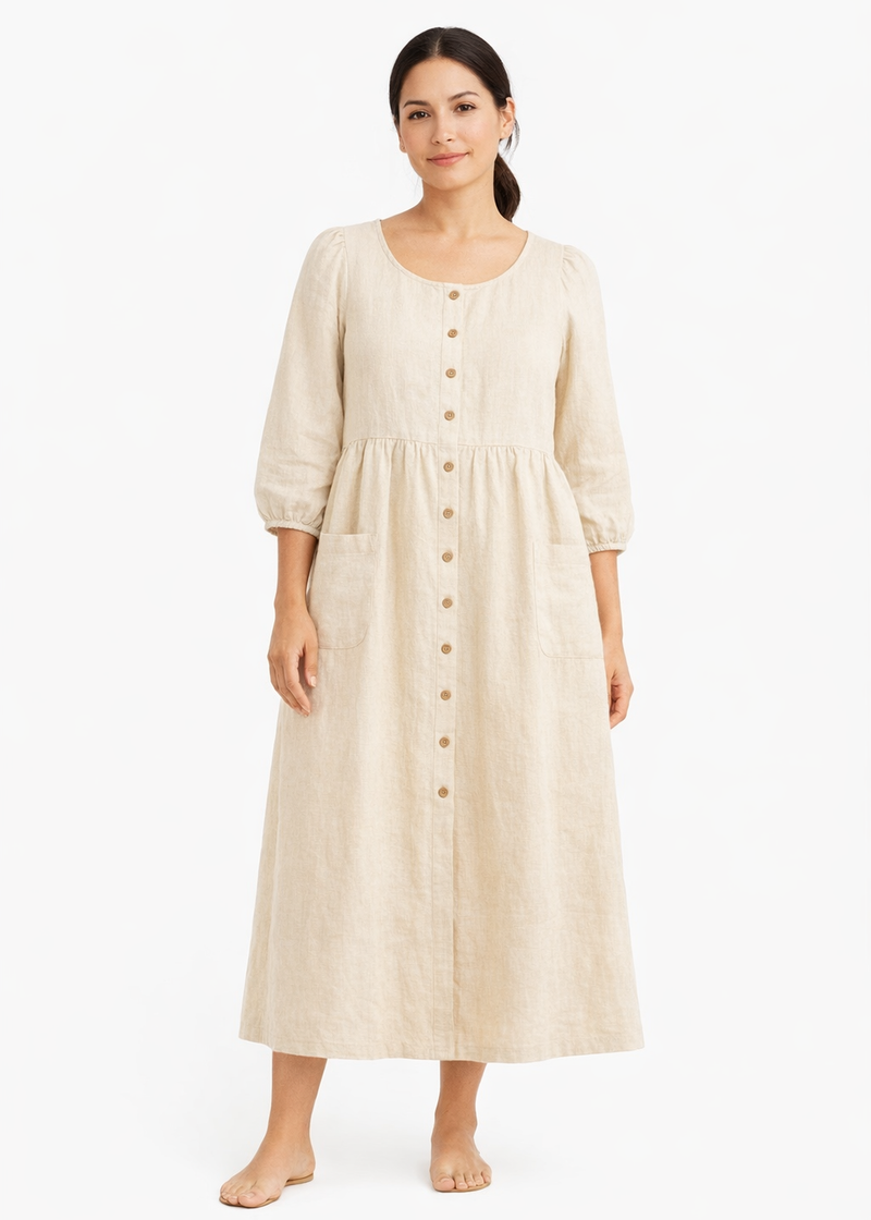 Sleeveless Button-Front Linen Midi Dress in Linen in Natural — on model
