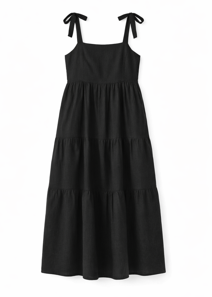 Tiered Tie-Strap Linen Maternity Maxi Dress in Linen in Black — flat lay