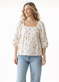 Puff-Sleeve Square-Neck Shirred-Back Floral Linen Blouse in Linen in Cream Floral — on model