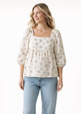 Puff-Sleeve Square-Neck Shirred-Back Floral Linen Blouse in Linen in Cream Floral — on model