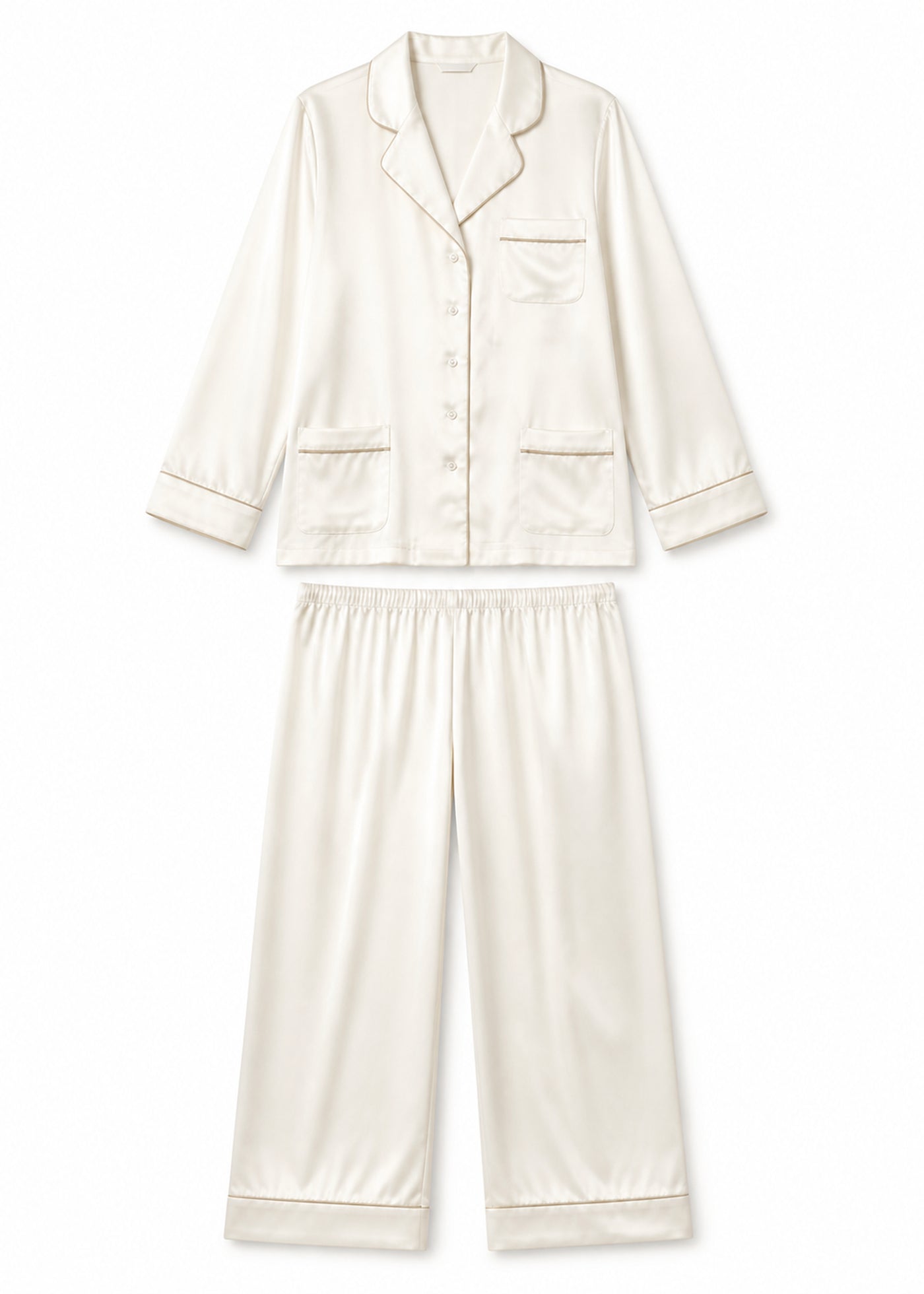 Notch-Collar Satin Pajama Set in Natural - flat lay