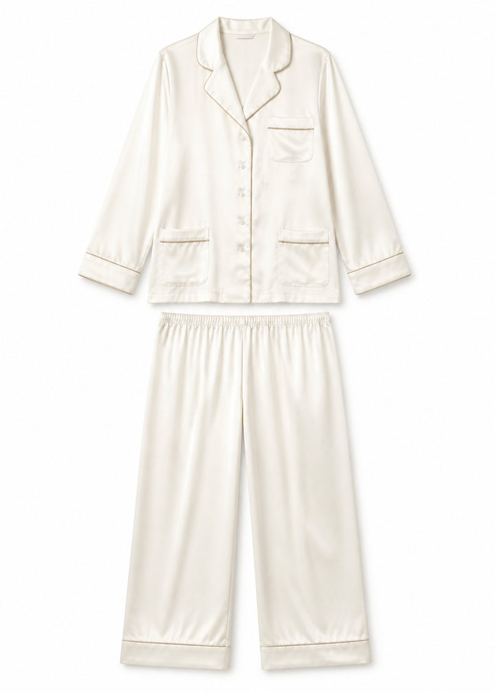 Notch-Collar Satin Pajama Set in Natural - flat lay