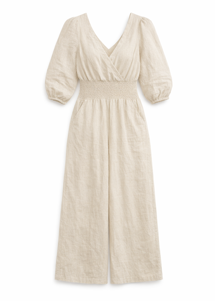 Faux-Wrap Wide-Leg Linen Jumpsuit in Linen in Natural — flat lay