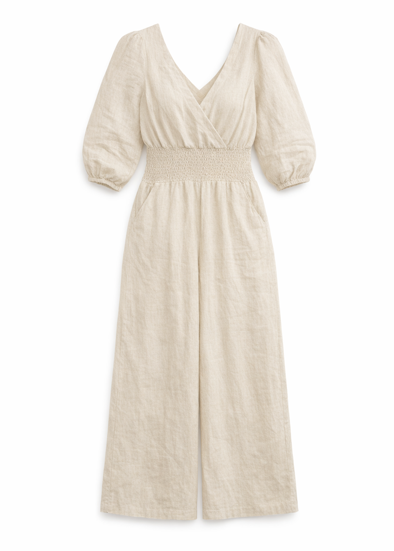 Faux-Wrap Wide-Leg Linen Jumpsuit in Linen in Natural — flat lay