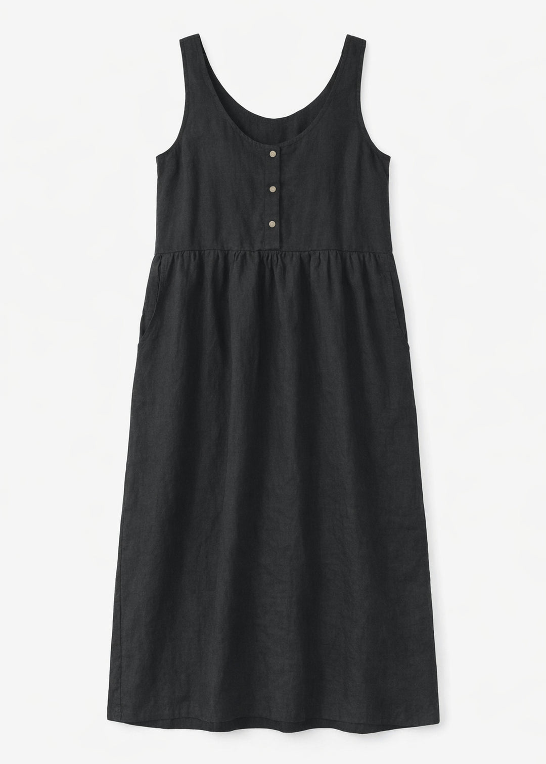 Sleeveless Brass-Snap Gathered Linen Midi Dress in Linen in Black — flat lay