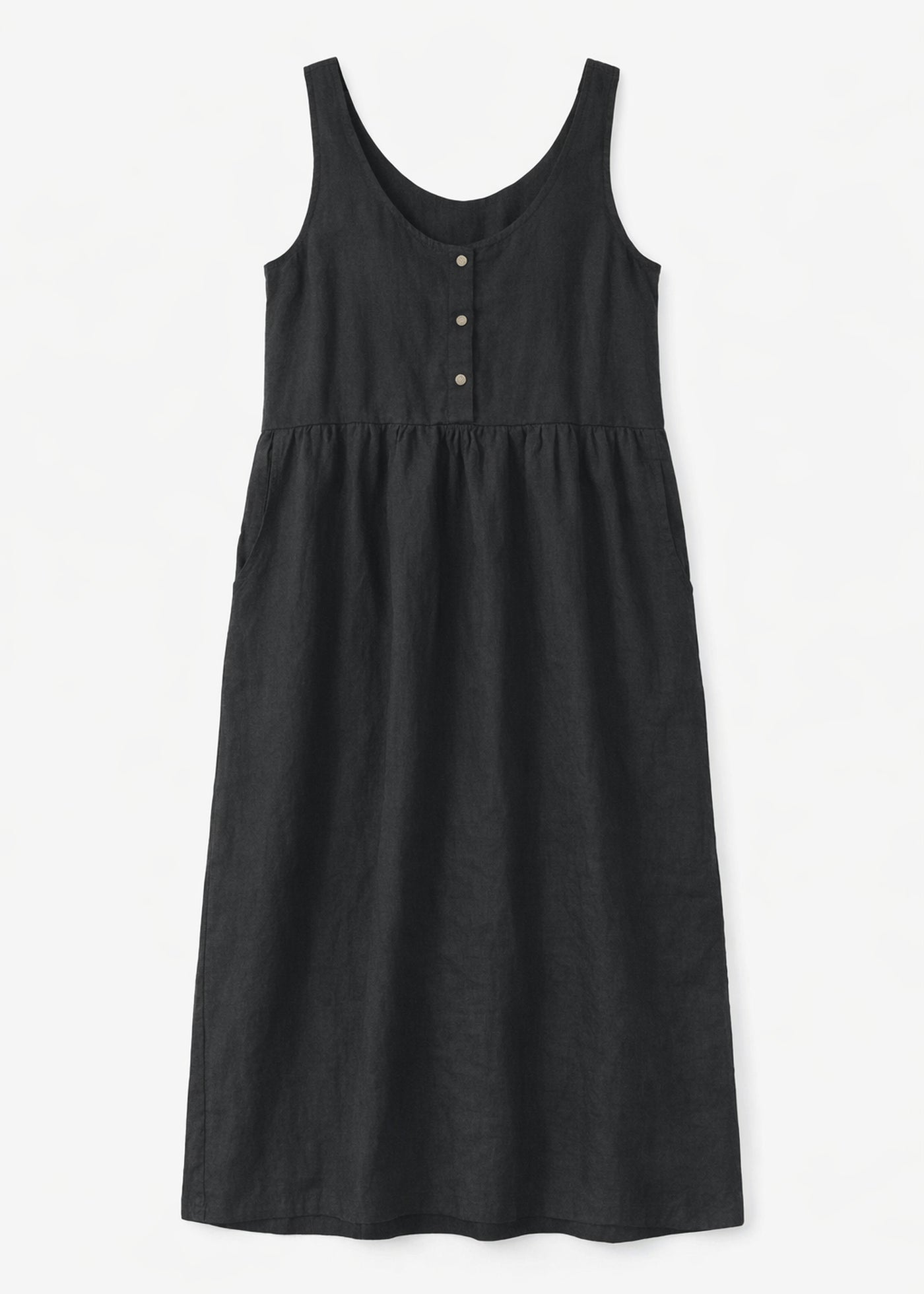 Sleeveless Brass-Snap Gathered Linen Midi Dress in Linen in Black — flat lay