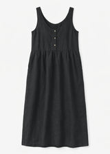 Sleeveless Brass-Snap Gathered Linen Midi Dress in Linen in Black — flat lay