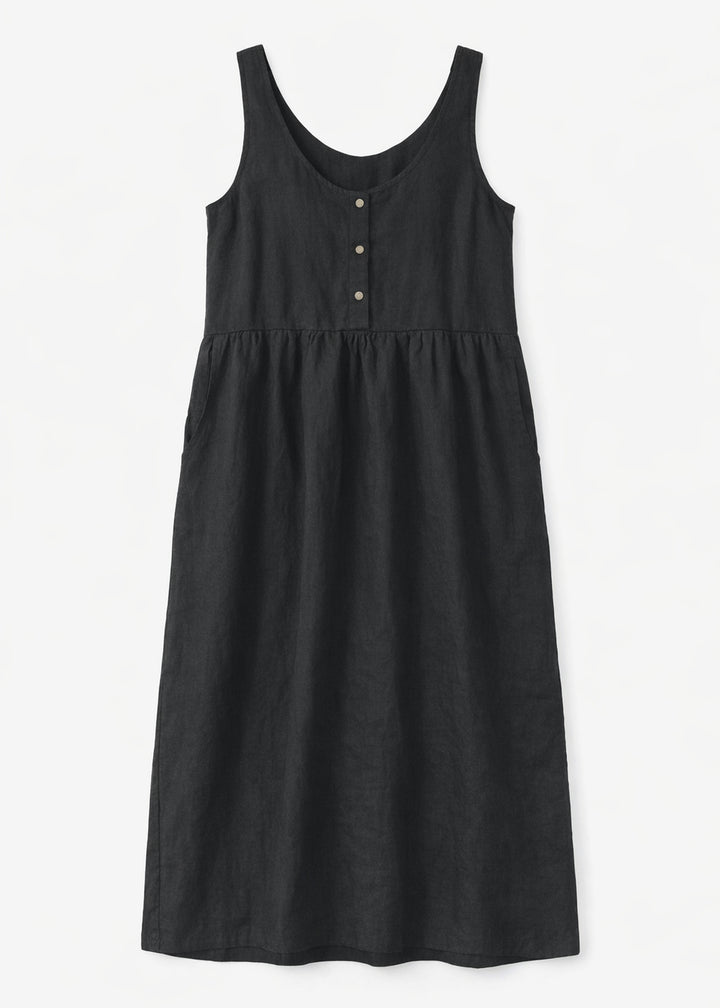Sleeveless Brass-Snap Gathered Linen Midi Dress in Linen in Black — flat lay