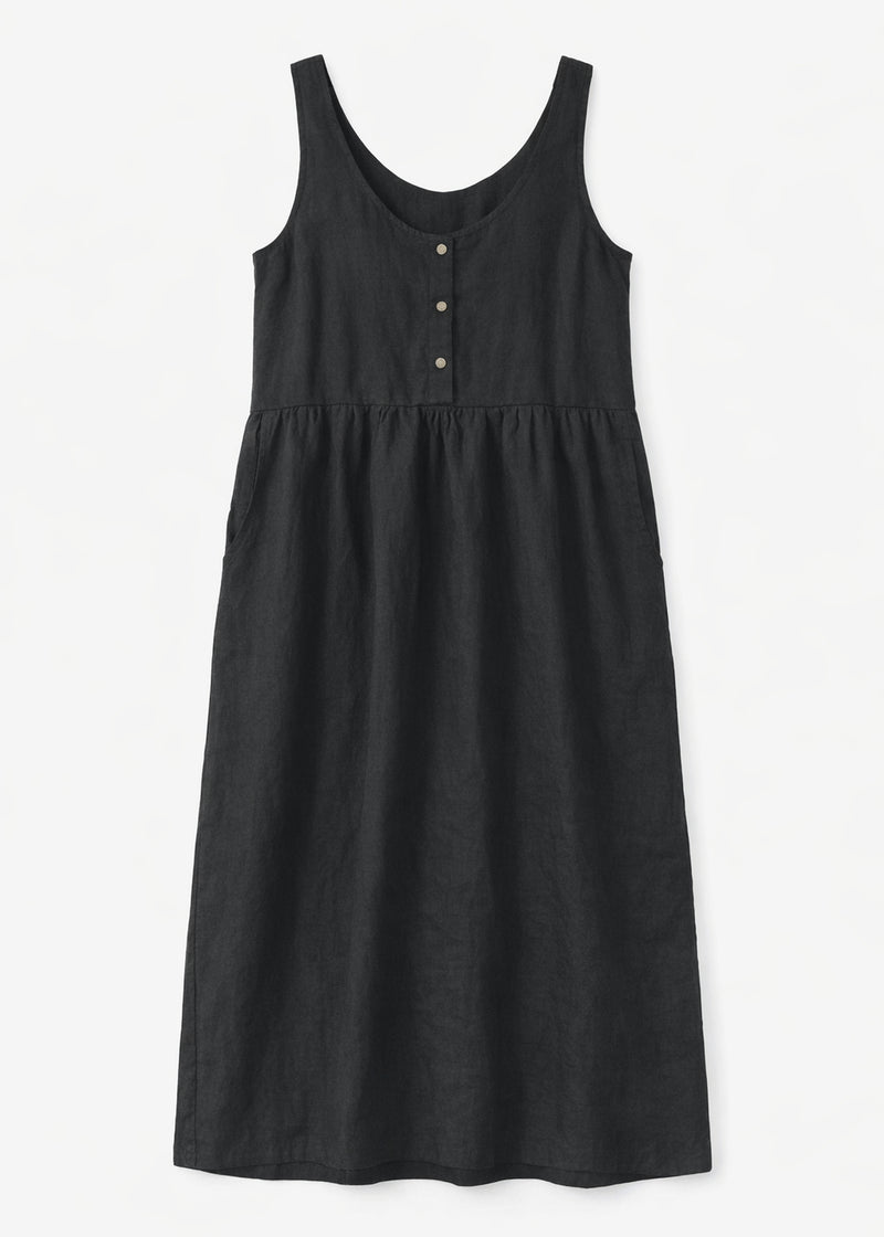 Sleeveless Brass-Snap Gathered Linen Midi Dress in Linen in Black — flat lay