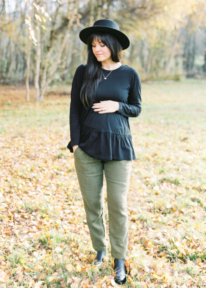 Smocked Linen Pants Olive- Comfortable Pants for Third Trimester 