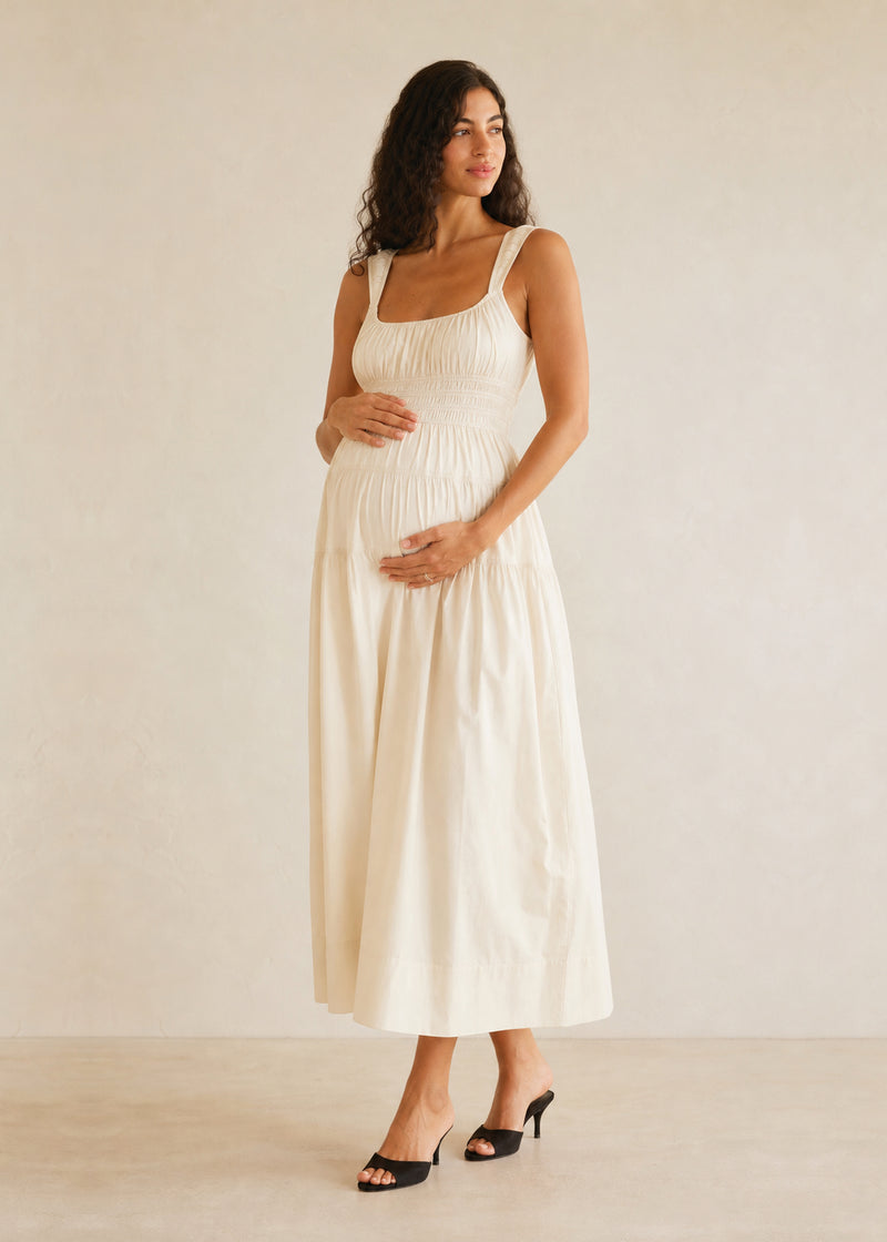 Smocked Waist Square Neck Maxi Dress in Cotton in Natural — on model