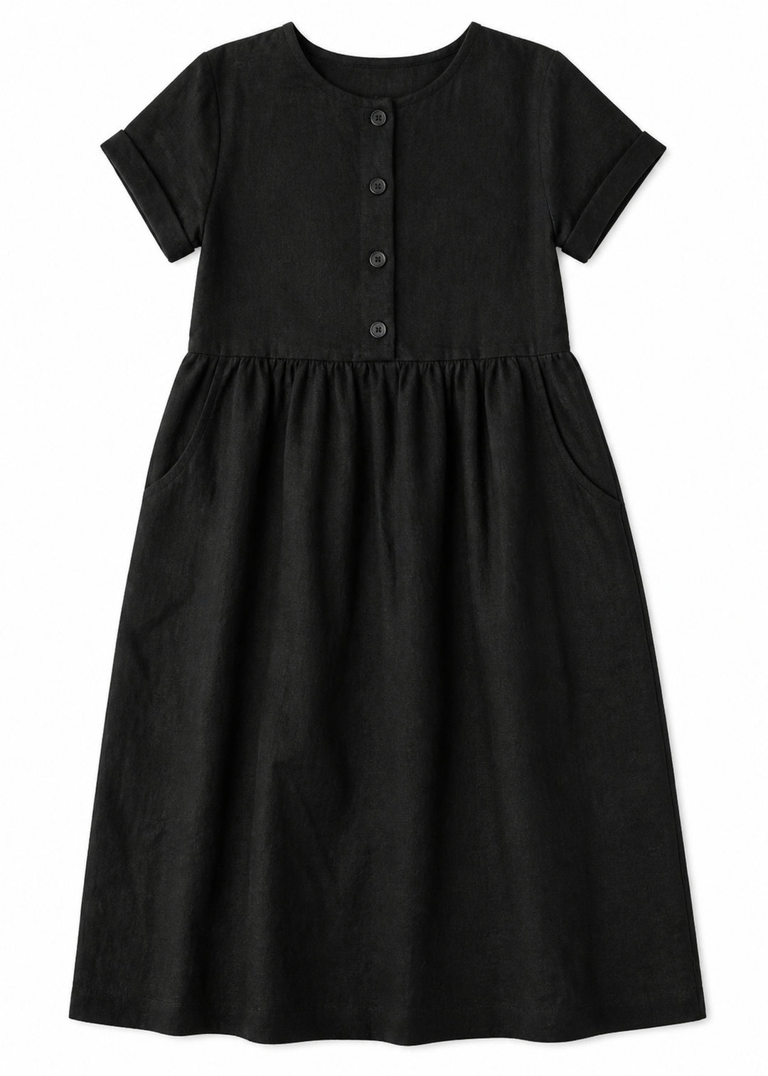 Striped Linen Button-Front Midi Dress in Linen in Black — flat lay