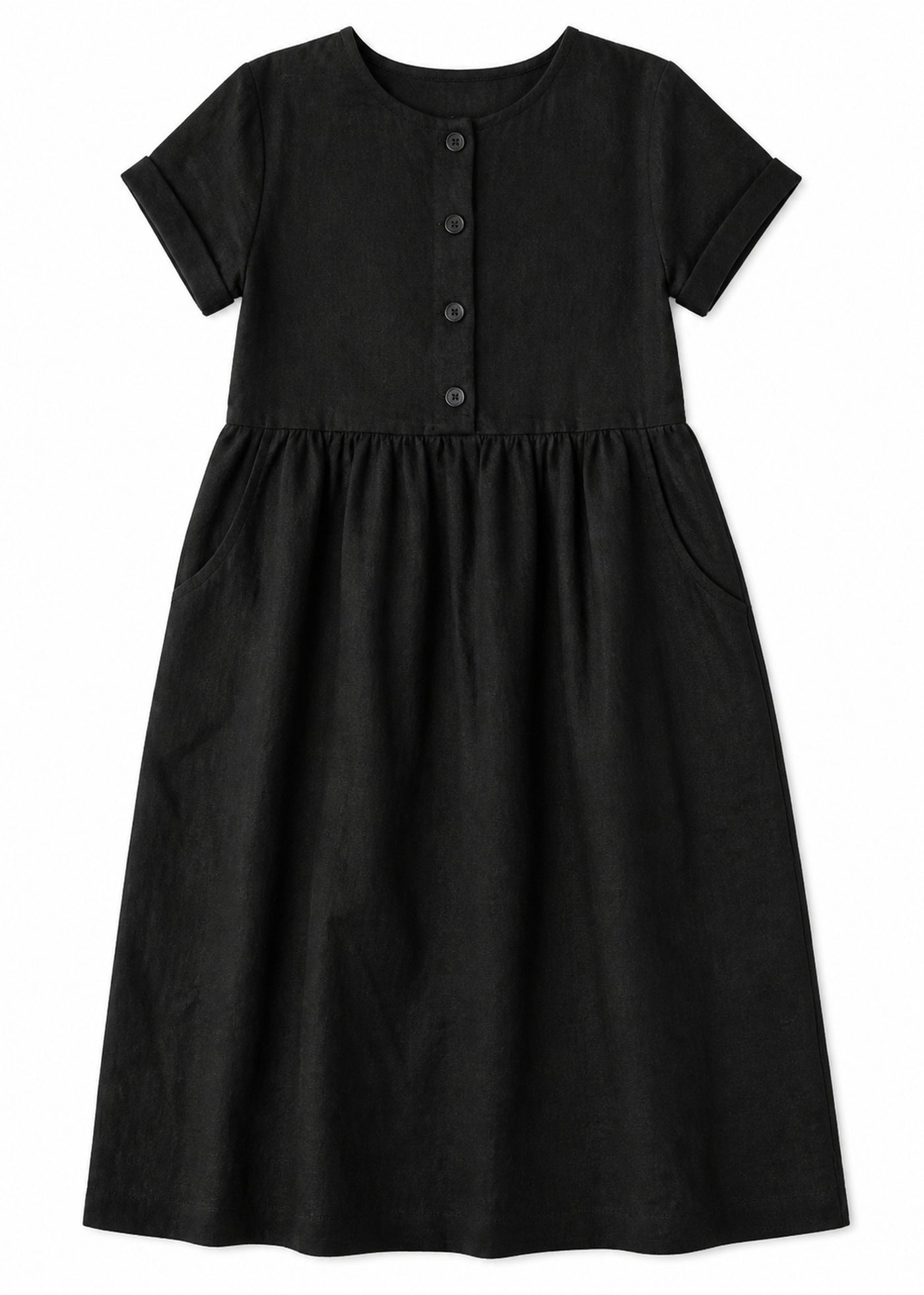 Striped Linen Button-Front Midi Dress in Linen in Black — flat lay