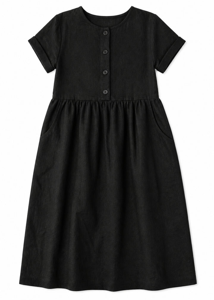 Striped Linen Button-Front Midi Dress in Linen in Black — flat lay