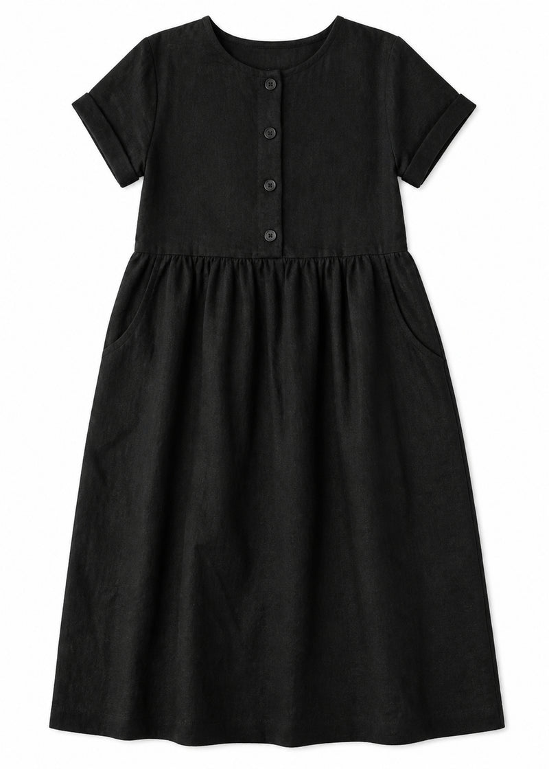 Striped Linen Button-Front Midi Dress in Linen in Black — flat lay