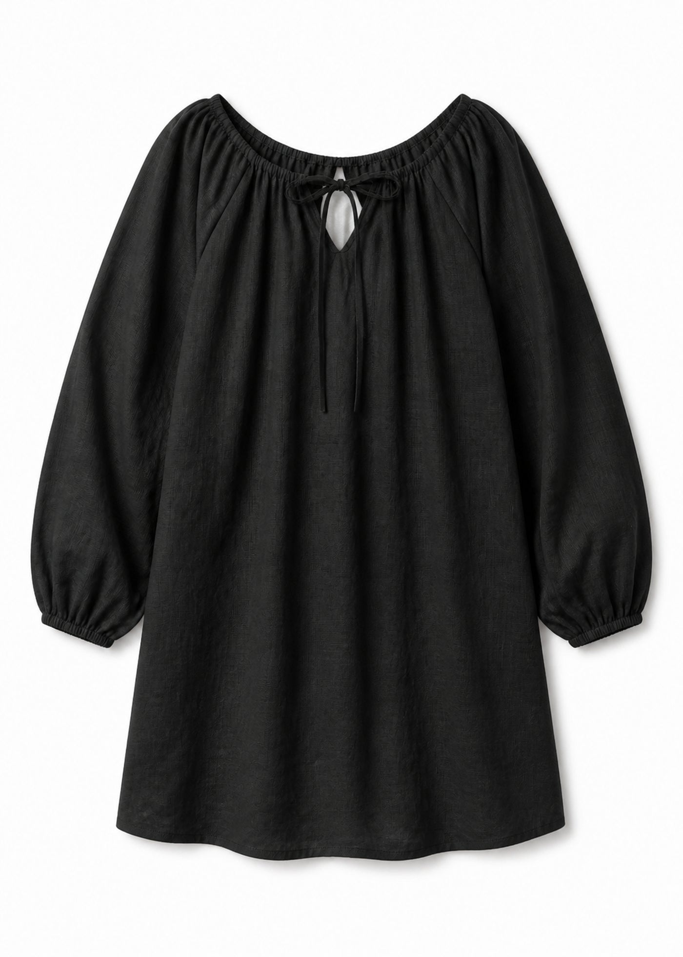 Gathered-Neck Sleep Dress in Black - flat lay
