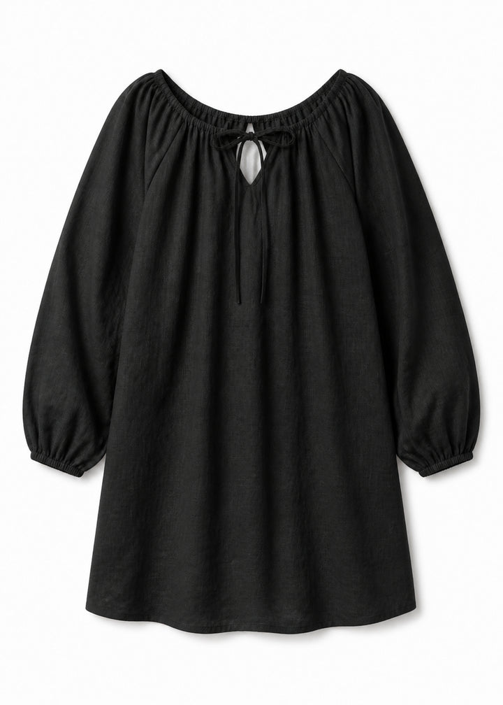Gathered-Neck Sleep Dress in Black - flat lay