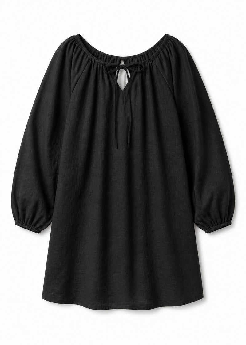 Gathered-Neck Sleep Dress in Black - flat lay