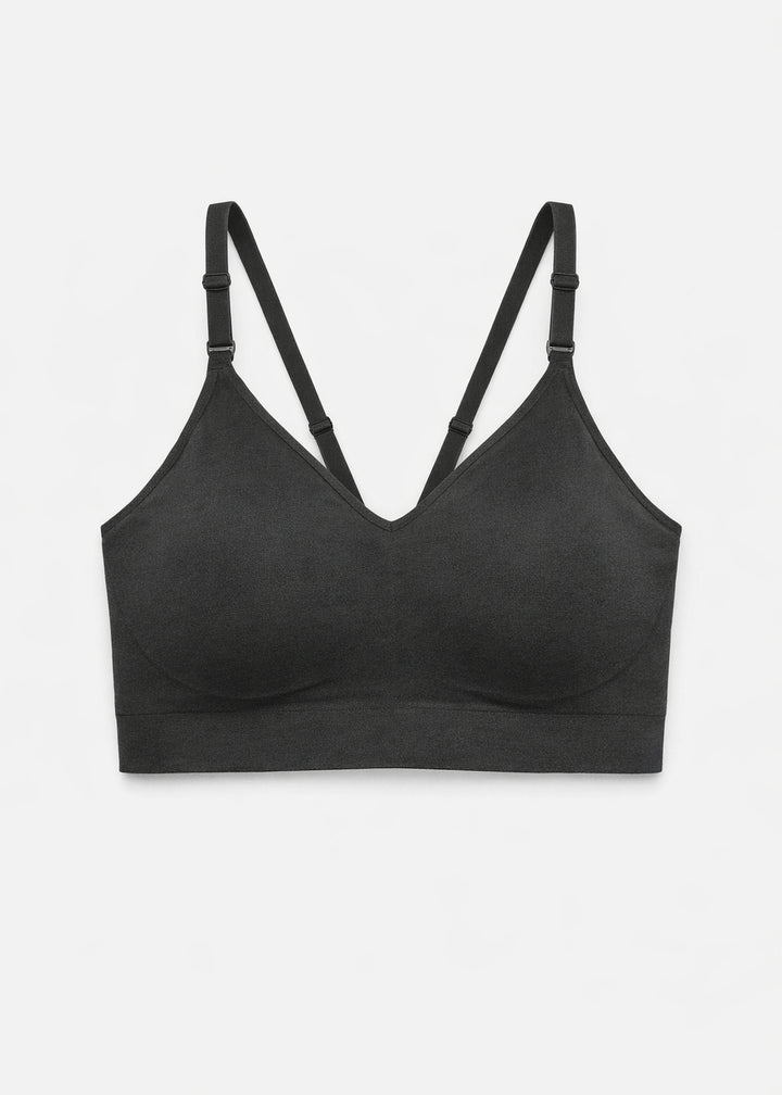 Seamless Clip-Down Nursing Bra in Black — flat lay, front