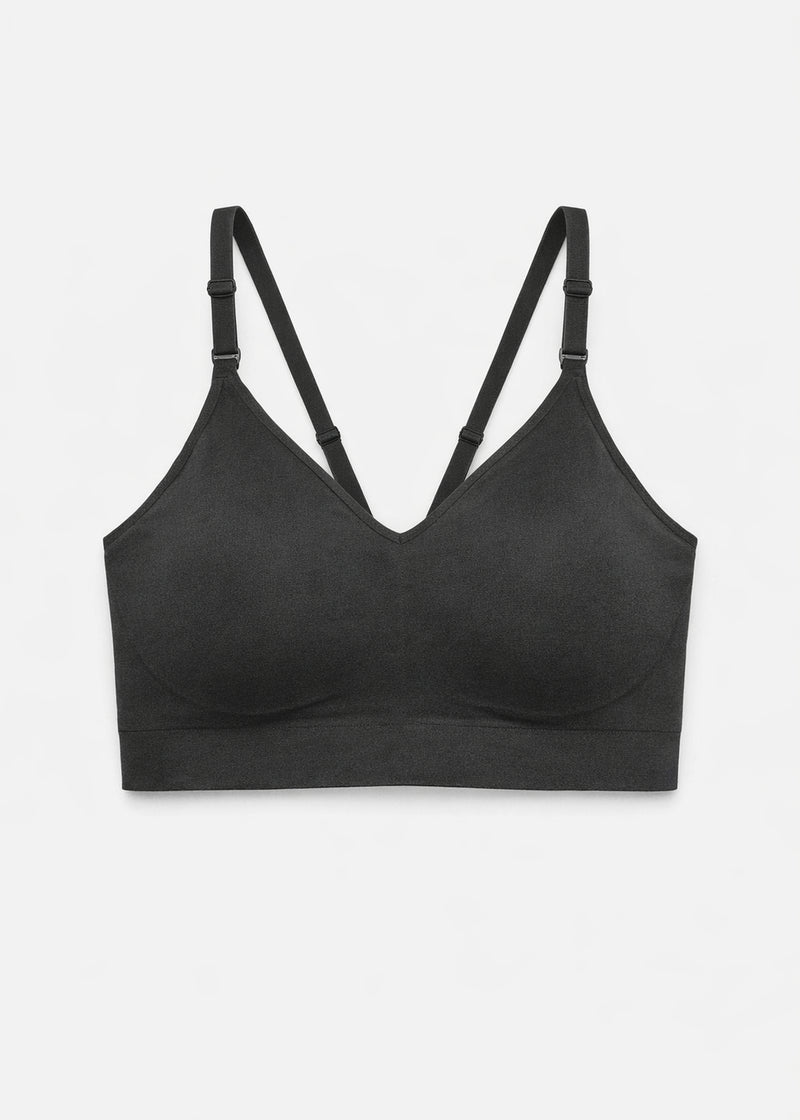 Seamless Clip-Down Nursing Bra in Black — flat lay, front