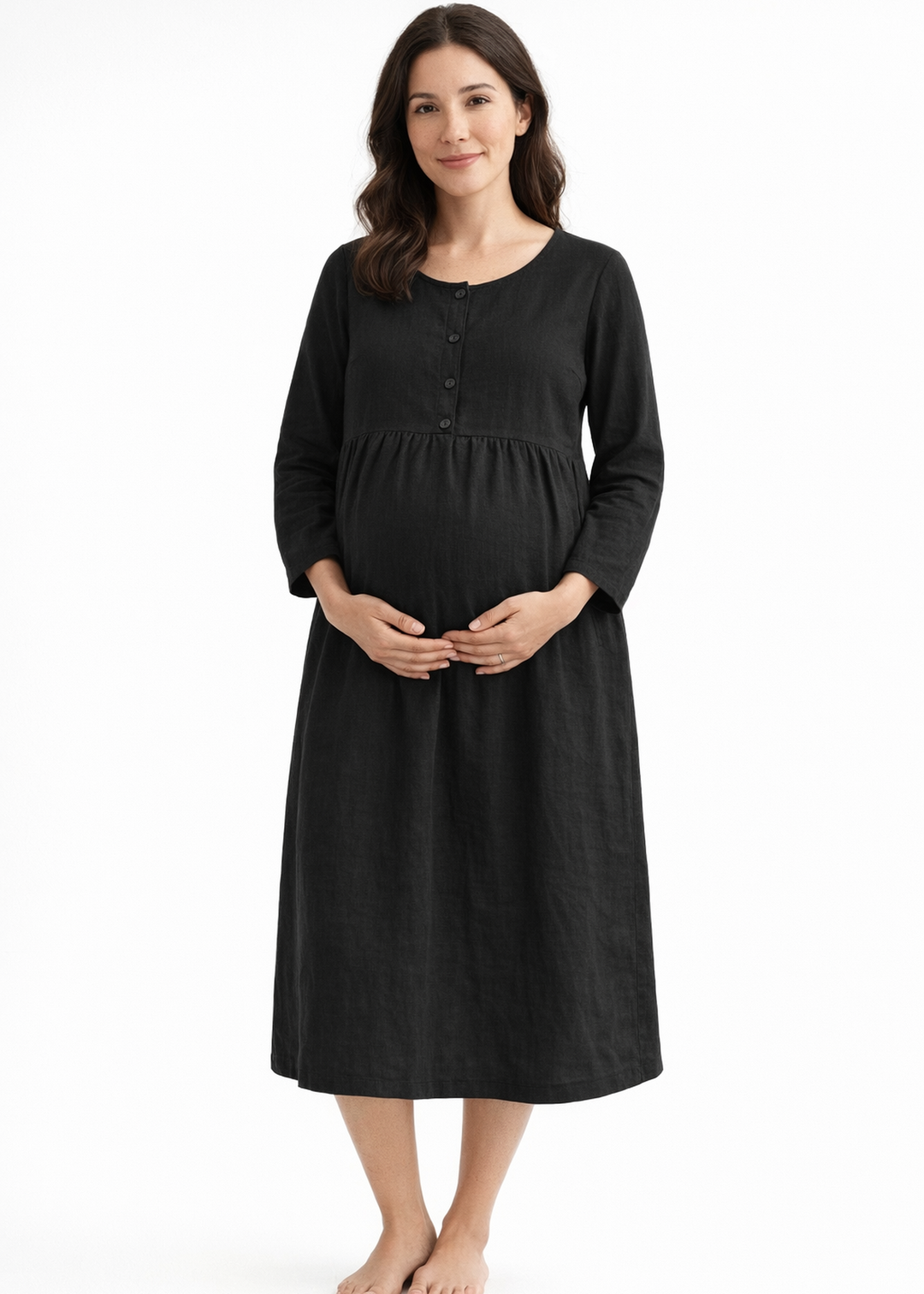 Button-Front Striped Linen Maternity Dress in Linen in Black — on model