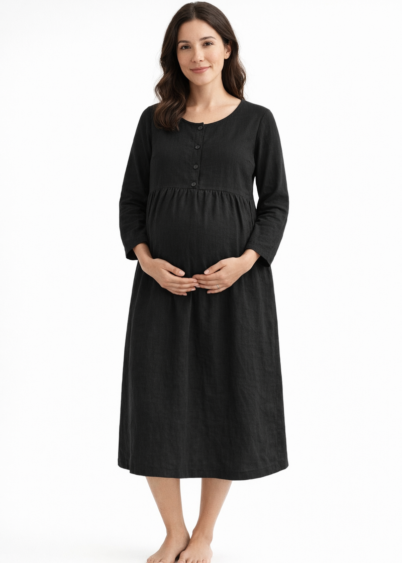 Button-Front Striped Linen Maternity Dress in Linen in Black — on model