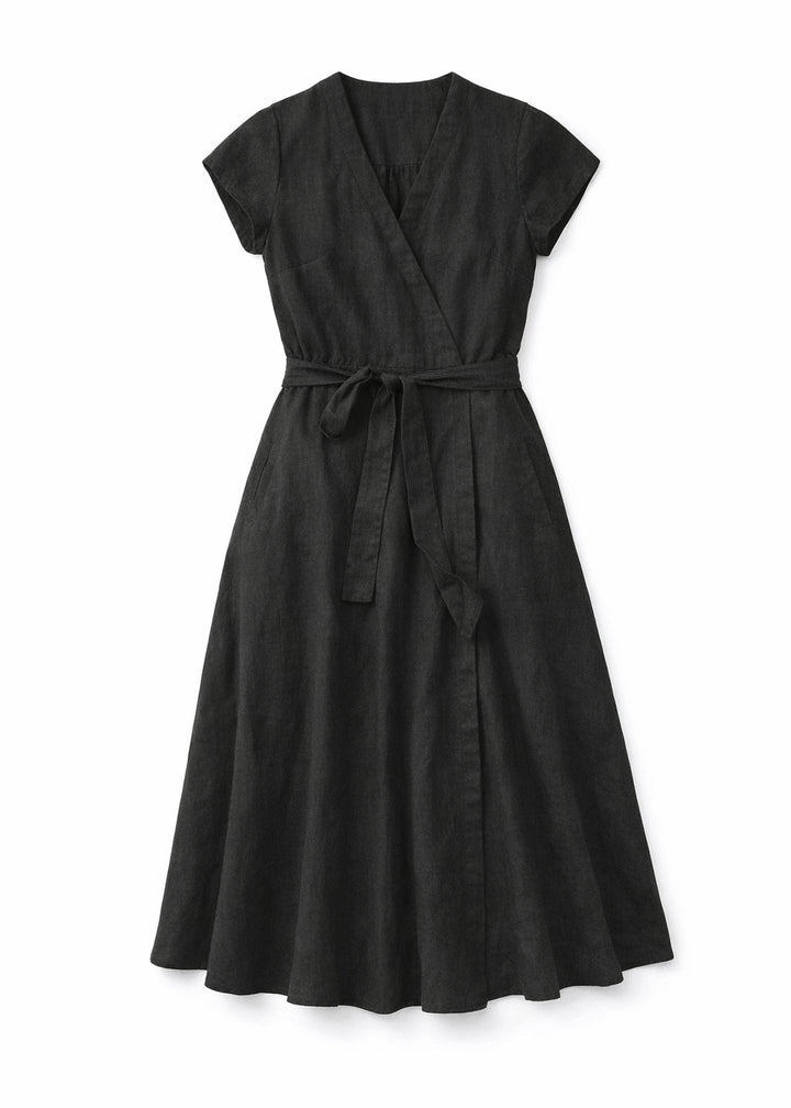 Cap-Sleeve Wrap Linen Midi Dress in Linen - 06