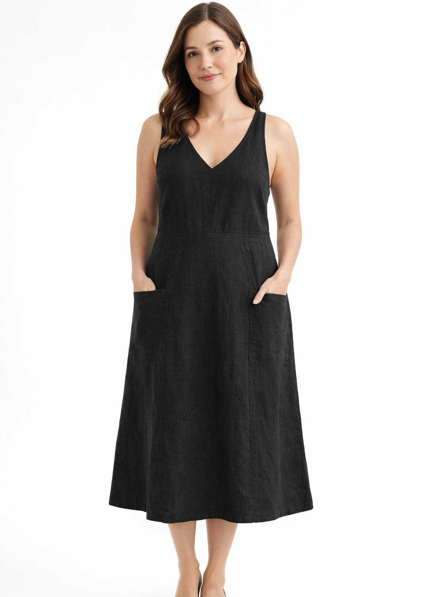 Cross-Back V-Neck Linen Pinafore Dress in Linen in Black — on model