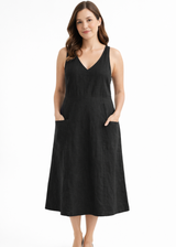 Cross-Back V-Neck Linen Pinafore Dress in Linen in Black — on model