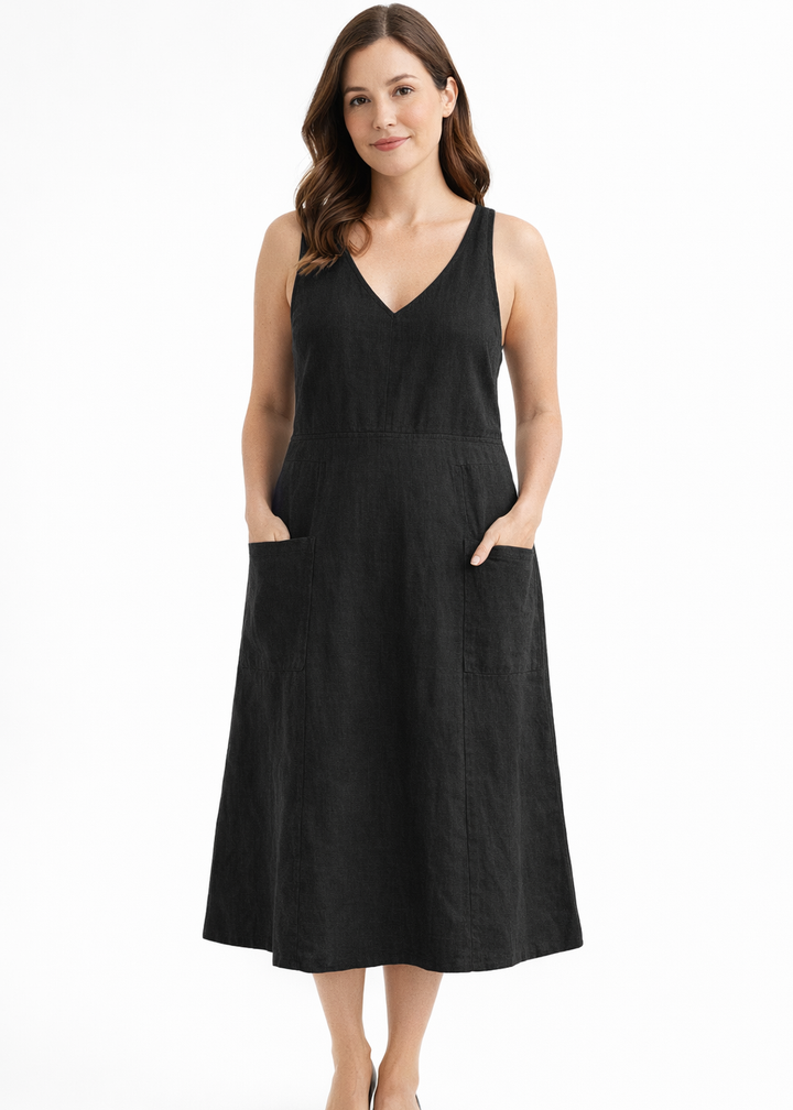 Cross-Back V-Neck Linen Pinafore Dress in Linen in Black — on model